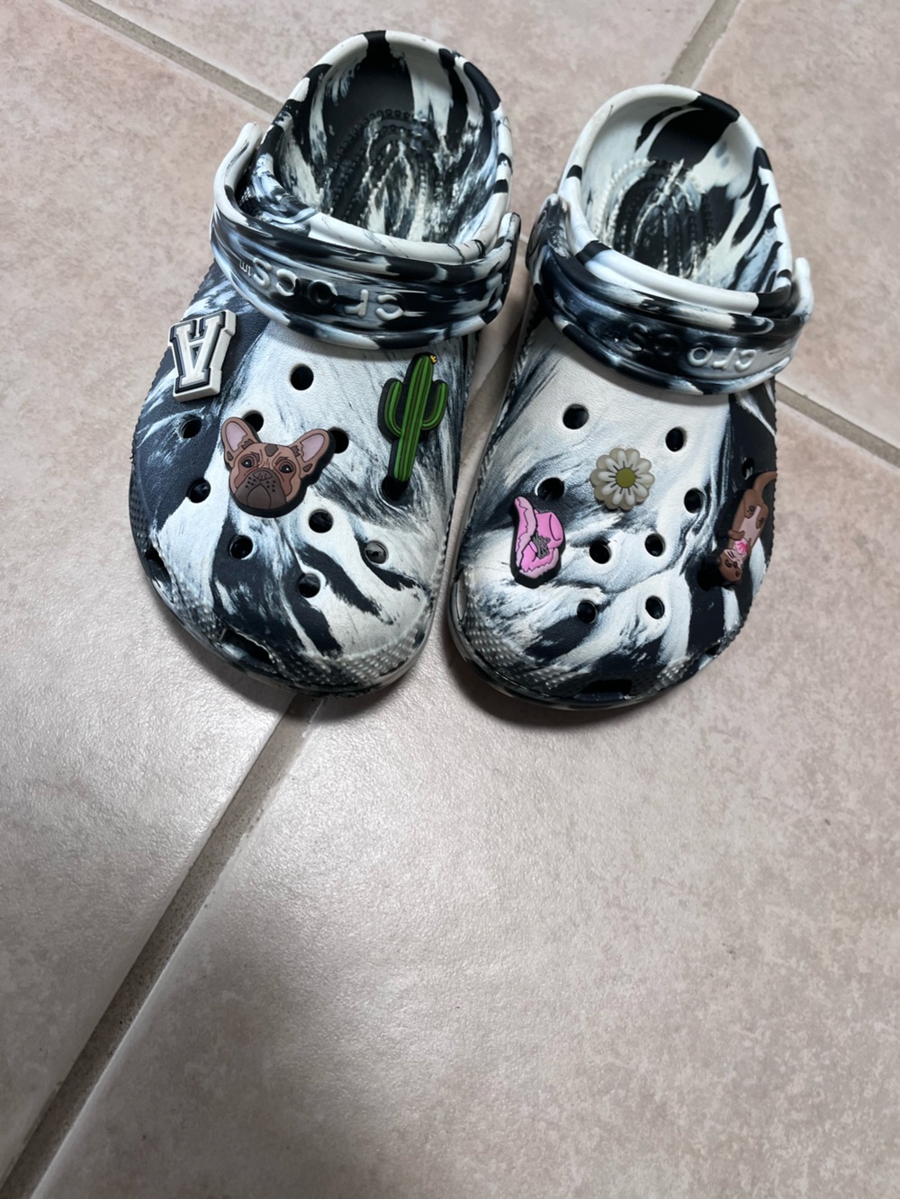 CROCS Kids Black & White Marble Clogs with Fun Charms